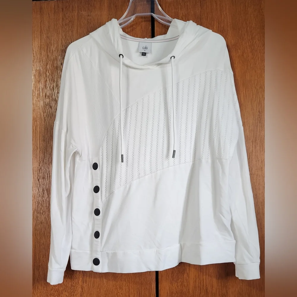 CAbi White Hooded ATC Pullover with Black Side Buttons Size Medium - NWOT - Picture 1 of 3